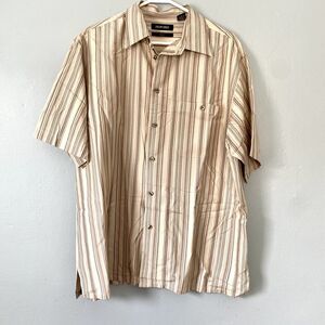 Murano Shirt Size Large Brown Tan Striped Short Sleeve Camp 100% Silk Button Up